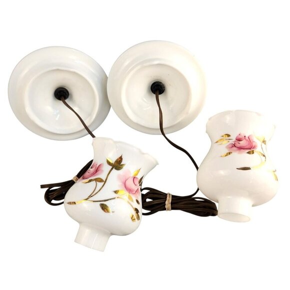 Vintage White Milk Glass Table Lamps With Pink Rose Floral Design & Brass Accent - Picture 2 of 16
